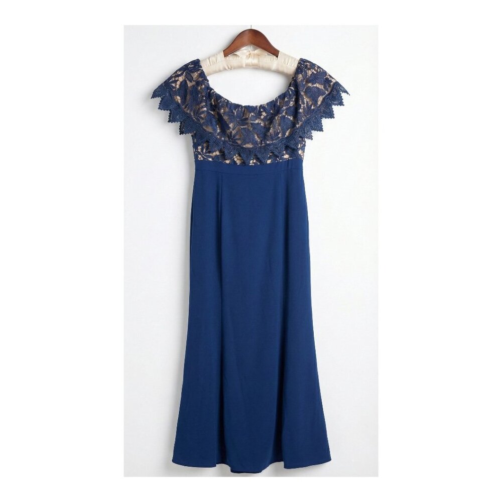 Aidan by Aidan Mattox Navy Blue Off-Shoulder Lace Bodice Gown Dress Size 14